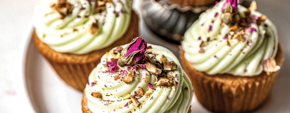 Rose Cupcakes with Pistachio Frosting