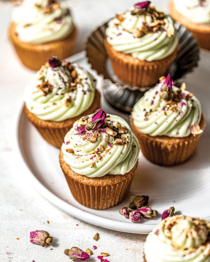 Rose Cupcakes with Pistachio Frosting